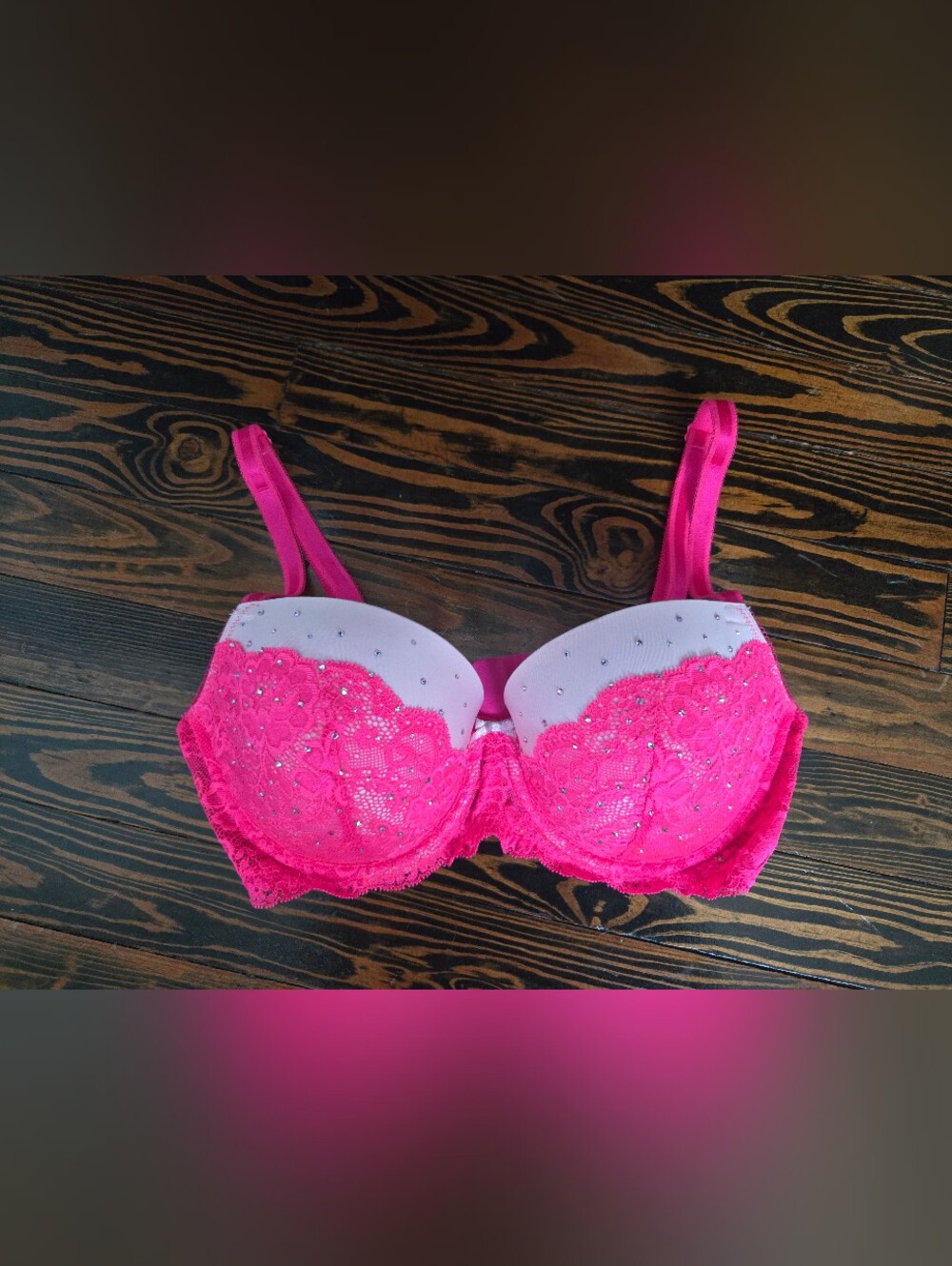 Victoria's Secret Dream Angels Hot Pink Floral Lace Rhinestone Demi Bra Size 36D